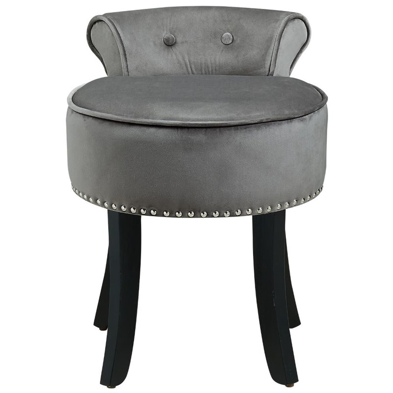 Posh Living Alena Tufted Velvet Vanity Stool with Nailhead Trim in Light Gray