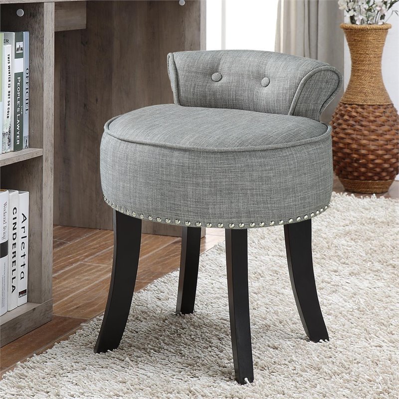 Posh Alena Tufted Linen Fabric Vanity Stool with Nailhead Trim in Gray