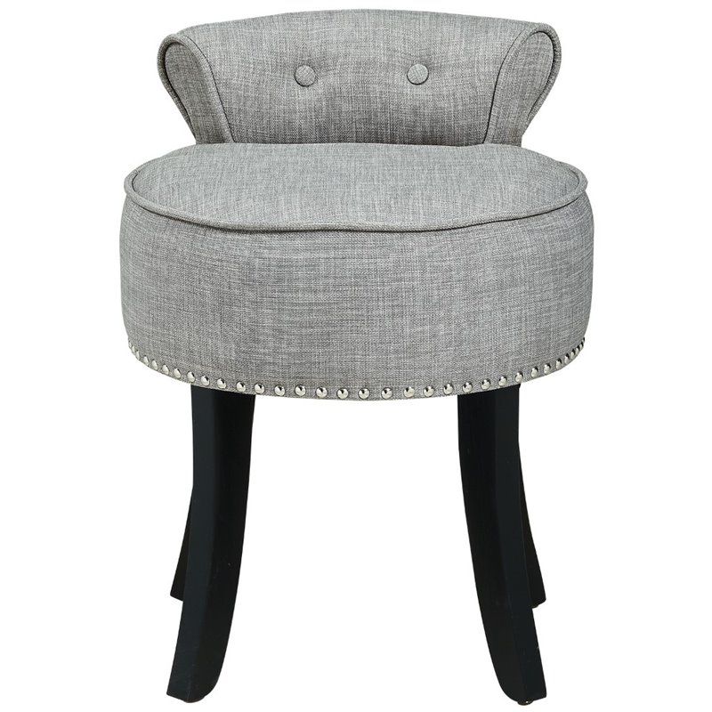 Posh Alena Tufted Linen Fabric Vanity Stool with Nailhead Trim in Gray