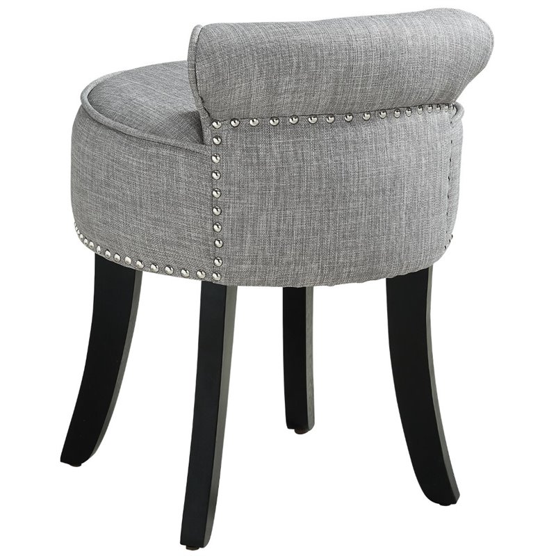 Posh Alena Tufted Linen Fabric Vanity Stool with Nailhead Trim in Gray