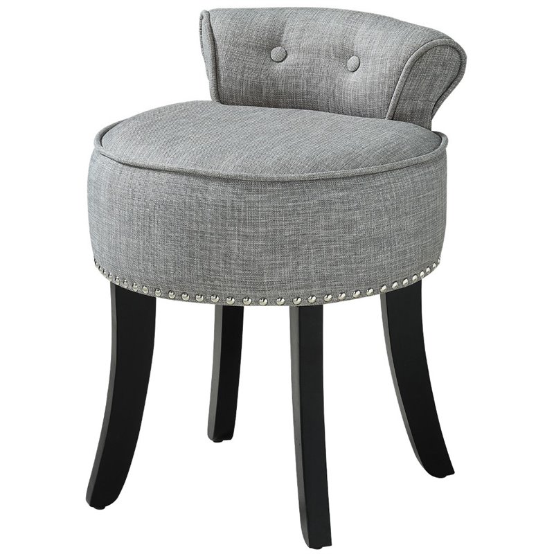Posh Alena Tufted Linen Fabric Vanity Stool with Nailhead Trim in Gray