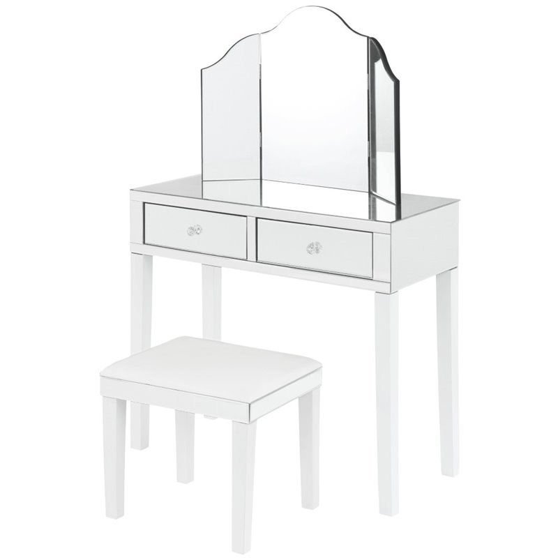 Posh Living Caleb 2-Drawer Bedroom Vanity Set with Stool and Mirror in White
