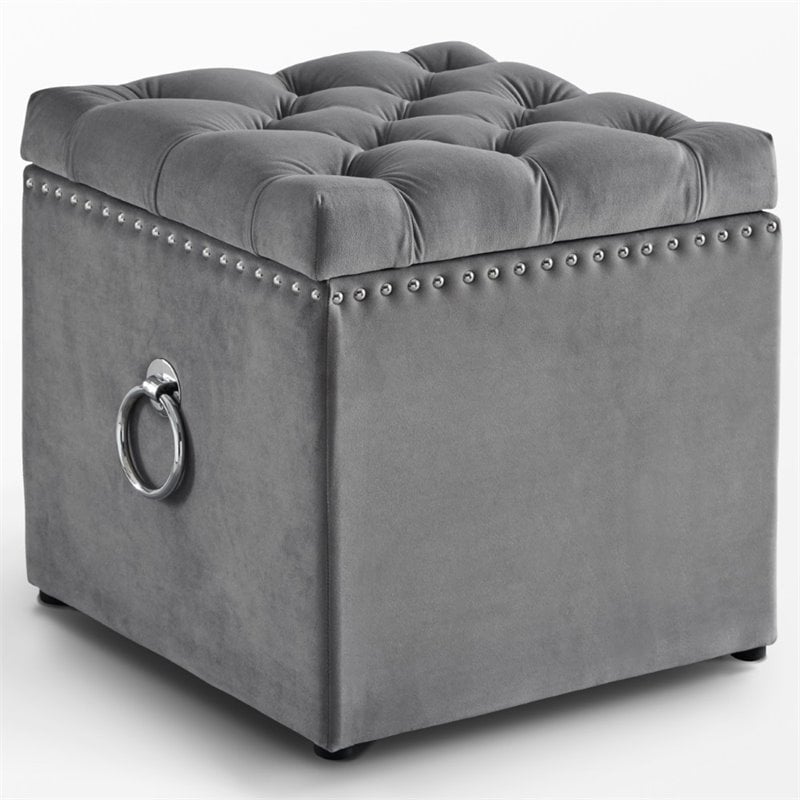 Posh Living Markella Velvet 1Pc Storage Ottoman in Gray/Chrome