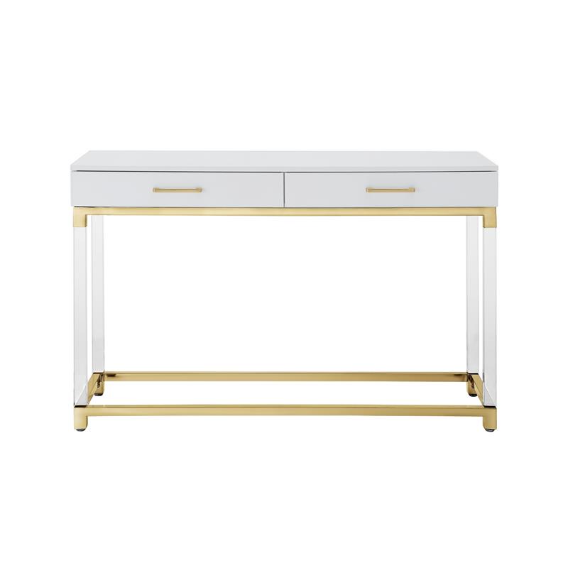 Posh Briar 2-Drawer Metal Console Table with Acrylic Legs in White/Gold