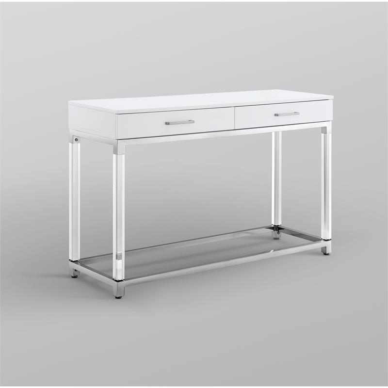 Posh Briar 2-Drawer Metal Console Table with Acrylic Legs in White/Chrome