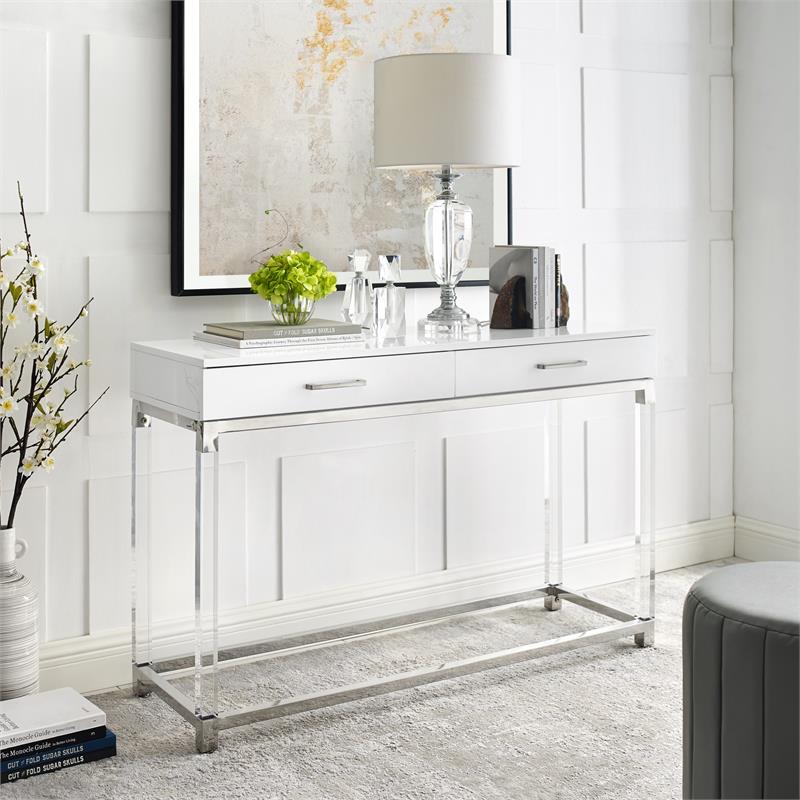 Posh Briar 2-Drawer Metal Console Table with Acrylic Legs in White/Chrome