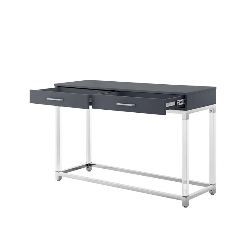 Posh Briar 2-Drawer Metal Console Table with Acrylic Legs in Dark Gray/Chrome