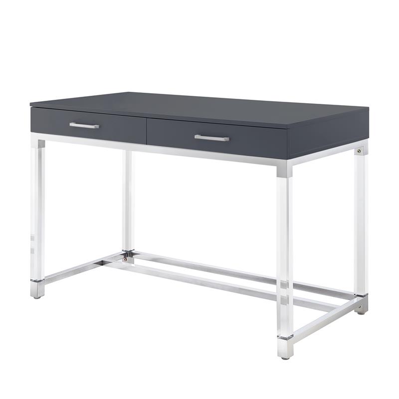 Posh Briar 2-Drawer Metal Writing Desk with Acrylic Legs in Dark Gray/Chrome