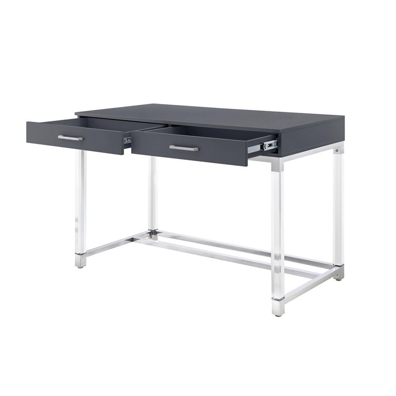 Posh Briar 2-Drawer Metal Writing Desk with Acrylic Legs in Dark Gray/Chrome
