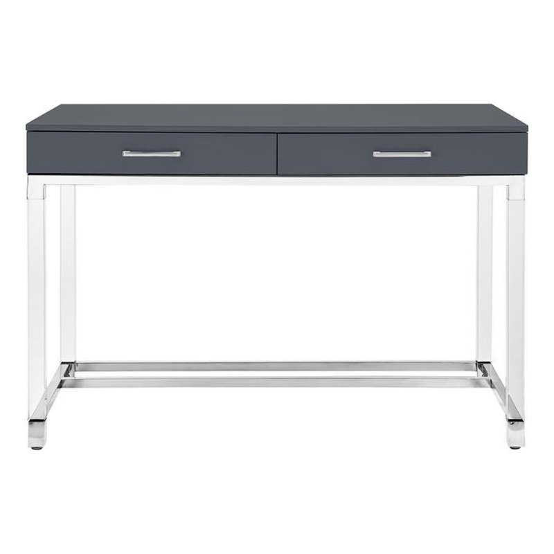 Posh Briar 2-Drawer Metal Writing Desk with Acrylic Legs in Dark Gray/Chrome
