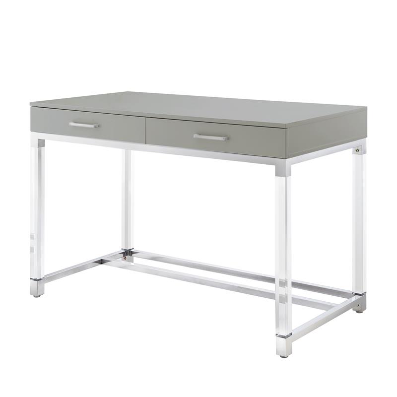 Posh Briar 2-Drawer Metal Writing Desk with Acrylic Legs in Light Gray/Chrome