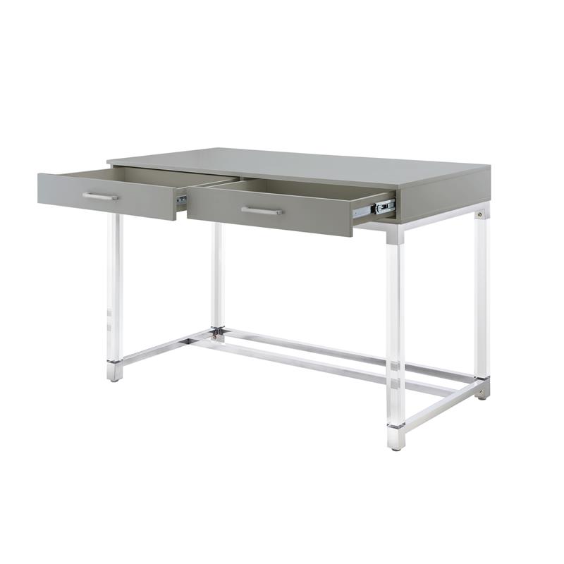 Posh Briar 2-Drawer Metal Writing Desk with Acrylic Legs in Light Gray/Chrome