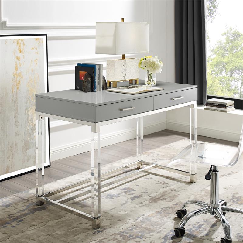 Posh Briar 2-Drawer Metal Writing Desk with Acrylic Legs in Light Gray/Chrome