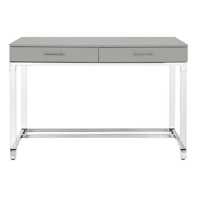 Posh Briar 2-Drawer Metal Writing Desk with Acrylic Legs in Light Gray/Chrome