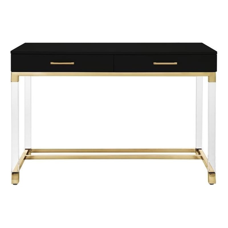 Posh Briar 2-Drawer Metal Writing Desk with Acrylic Legs in Black/Gold