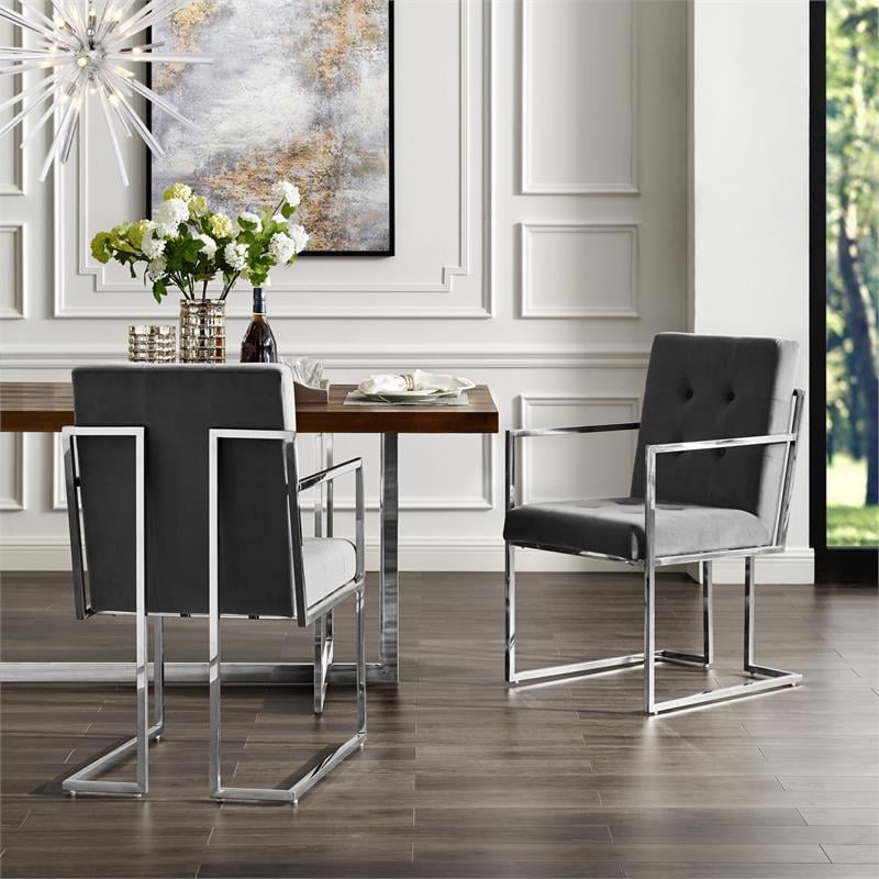 Posh Living Evan Button Tufted Velvet Dining Chair Gray/Chrome (Set of 2)