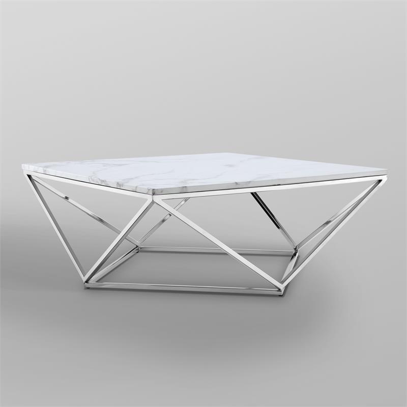Posh Living Eason Marble Top Coffee Table with Metal Base in White/Chrome