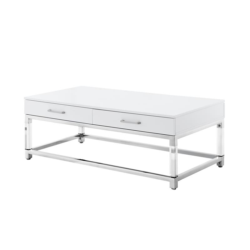 Posh Briar 2-Drawer Metal Coffee Table with Acrylic Legs in White/Chrome