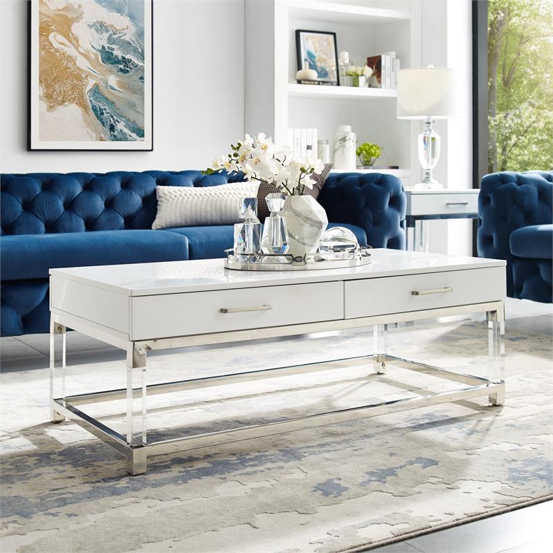 Posh Briar 2-Drawer Metal Coffee Table with Acrylic Legs in White/Chrome