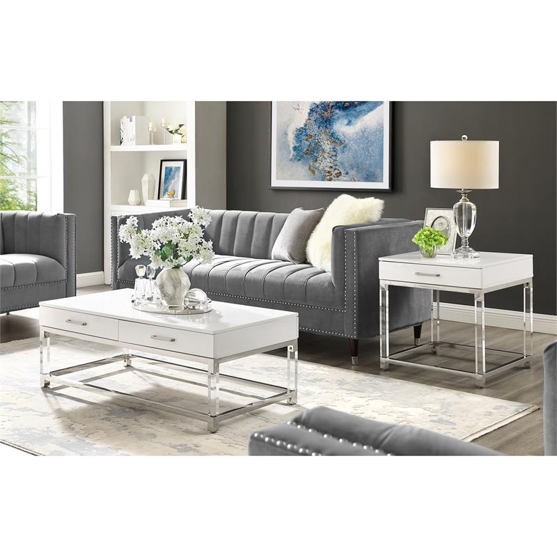 Posh Briar 2-Drawer Metal Coffee Table with Acrylic Legs in White/Chrome