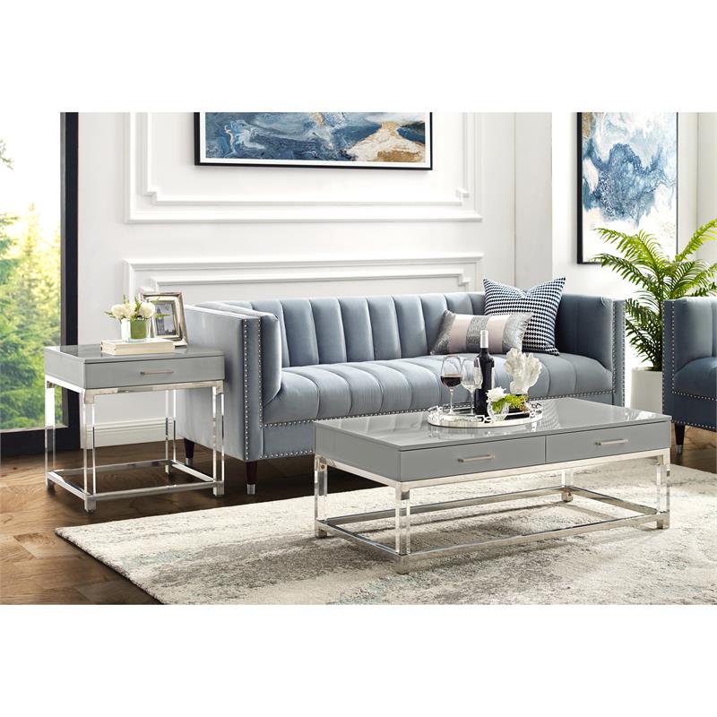 Posh Briar 2-Drawer Metal Coffee Table with Acrylic Legs in Light Gray/Chrome