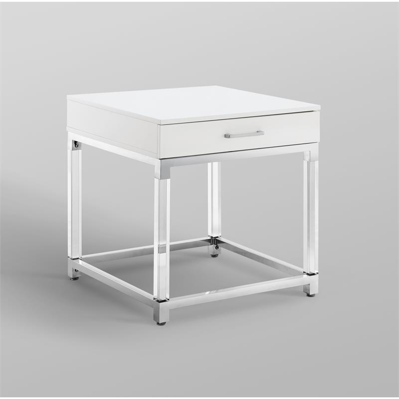Posh Living Briar 1-Drawer Metal End Table with Acrylic Legs - White/Chrome