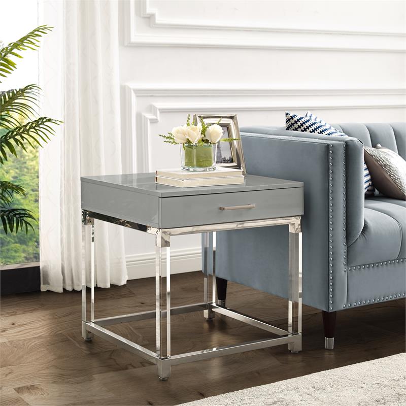 Posh Living Briar 1-Drawer Metal End Table with Acrylic Legs - Light Gray/Chrome