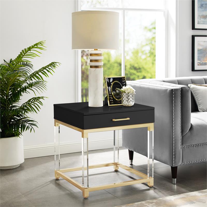 Posh Living Briar 1-Drawer Metal End Table with Acrylic Legs - Black/Gold