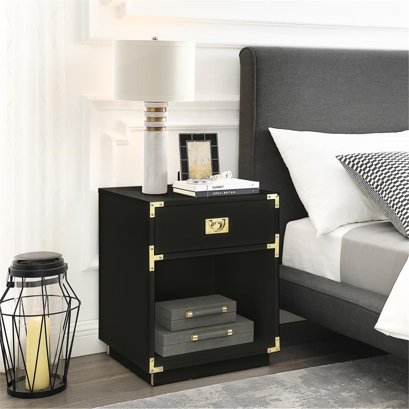 Posh Living Angela Nightstand with Metal Corner Brackets in Black/Gold