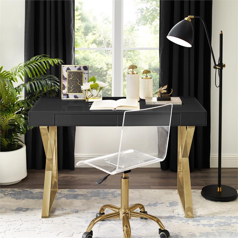 Posh Dianna 2-Drawer Writing Desk with Stainless Steel Legs in Black/Gold