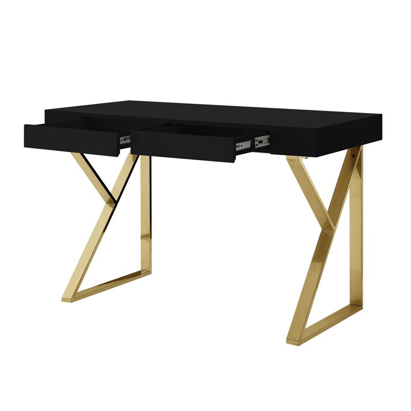 Posh Dianna 2-Drawer Writing Desk with Stainless Steel Legs in Black/Gold