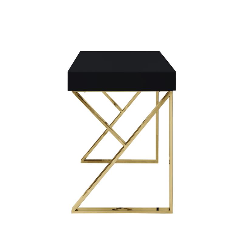 Posh Dianna 2-Drawer Writing Desk with Stainless Steel Legs in Black/Gold