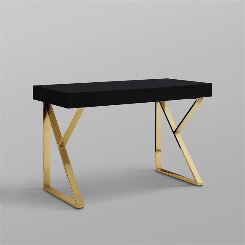 Posh Dianna 2-Drawer Writing Desk with Stainless Steel Legs in Black/Gold