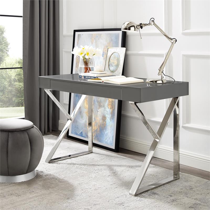 Posh Dianna 2-Drawer Writing Desk with Stainless Steel Legs in Dark Gray/Chrome