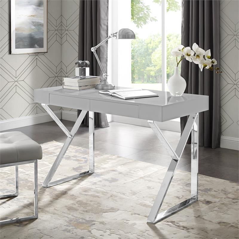 Posh Dianna 2-Drawer Writing Desk with Stainless Steel Legs in Light Gray/Chrome