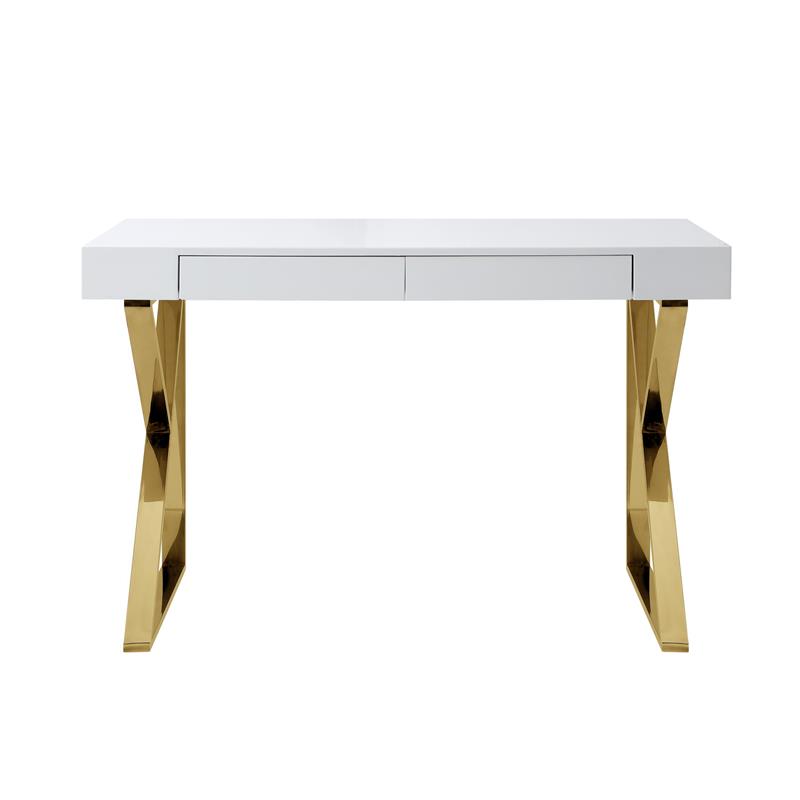 Posh Dianna 2-Drawer Writing Desk with Stainless Steel Legs in White/Gold