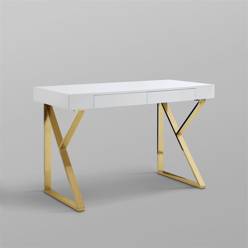 Posh Dianna 2-Drawer Writing Desk with Stainless Steel Legs in White/Gold