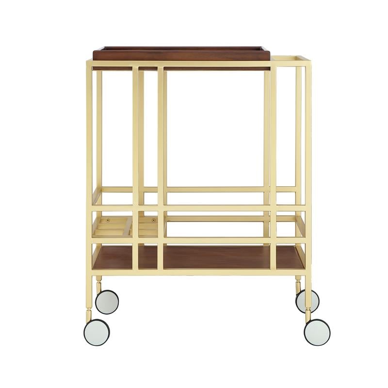 Posh Living Biony Modern Metal Bar Cart with Wheels in Bar Cart Gold/Walnut