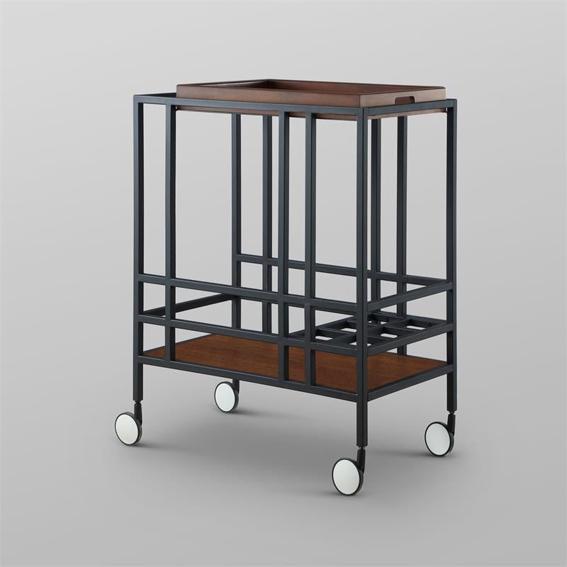 Posh Living Biony Modern Metal Bar Cart with Wheels in Bar Cart Black/Walnut