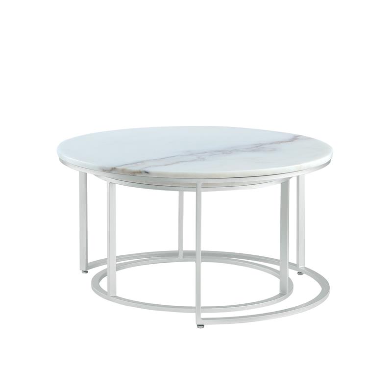 Posh Living Kero Round Marble Top Nesting Coffee Table in Silver