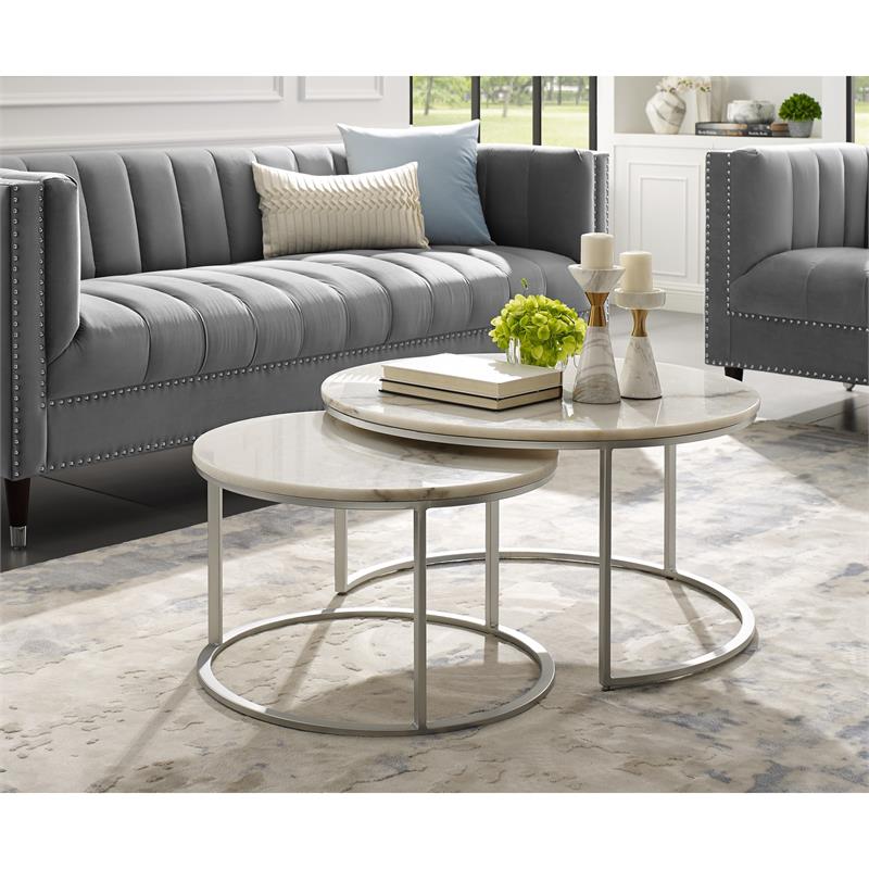 Posh Living Kero Round Marble Top Nesting Coffee Table in Silver