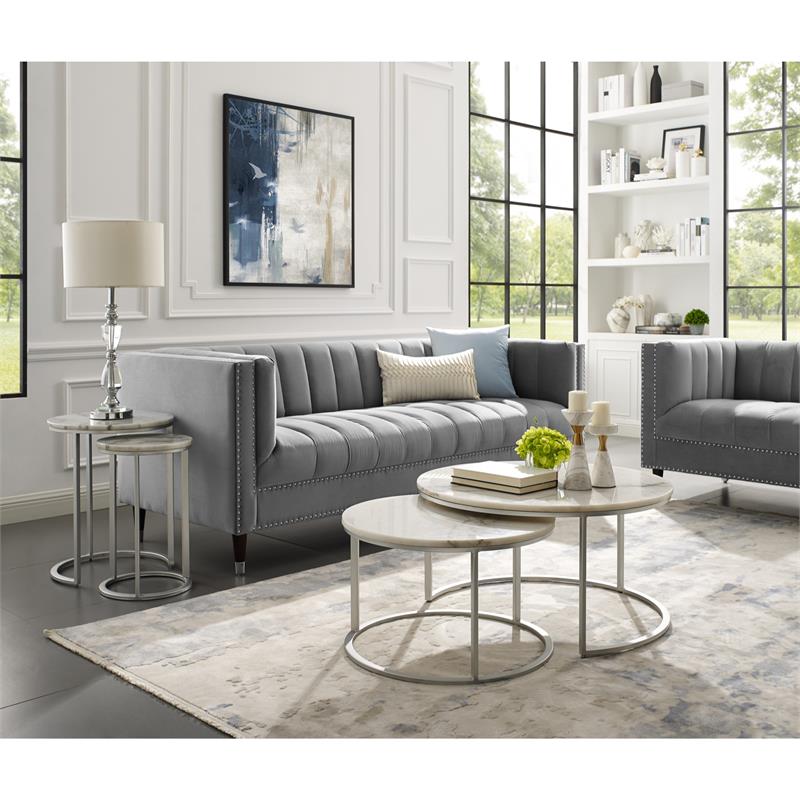Posh Living Kero Round Marble Top Nesting End Table in Silver