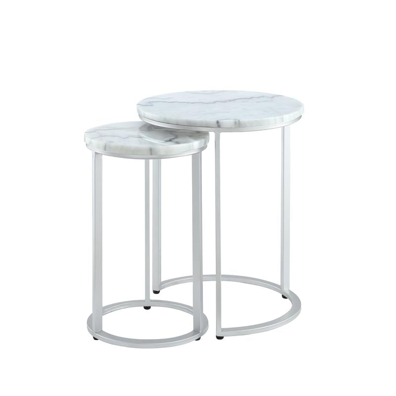Posh Living Kero Round Marble Top Nesting End Table in Silver