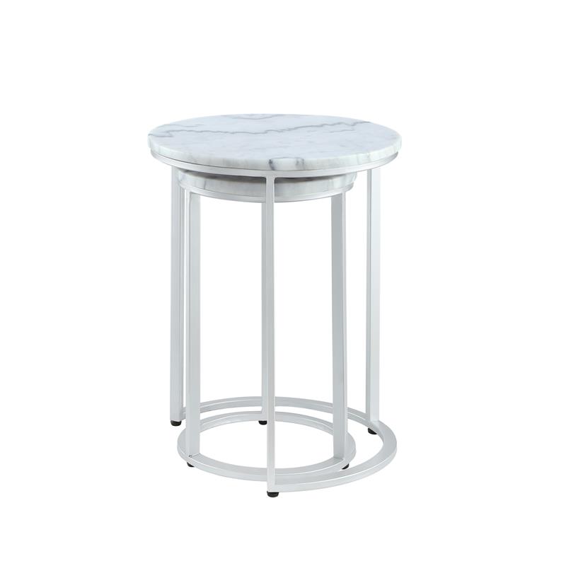 Posh Living Kero Round Marble Top Nesting End Table in Silver
