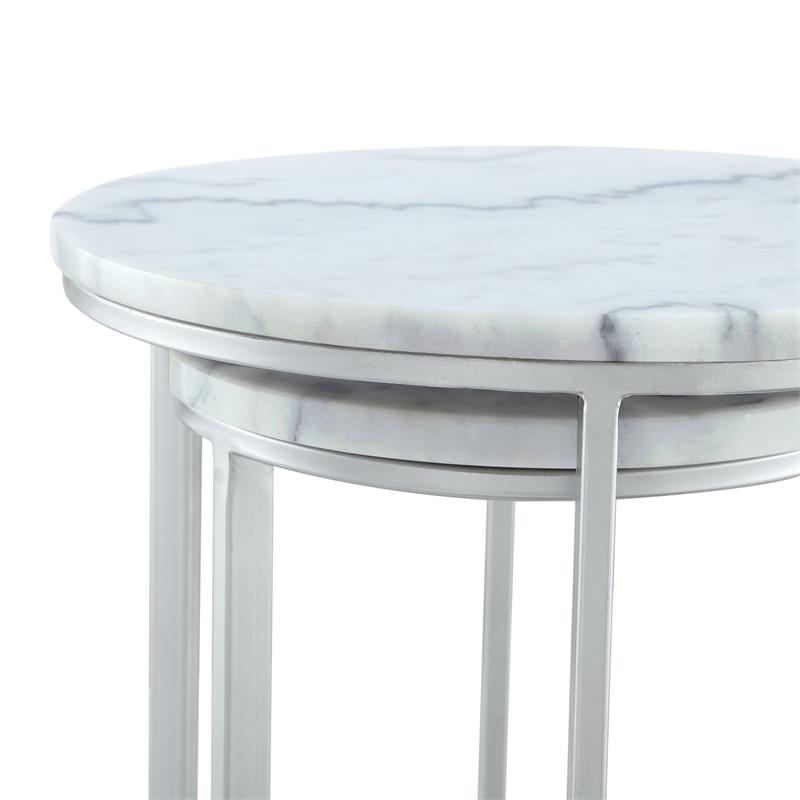Posh Living Kero Round Marble Top Nesting End Table in Silver