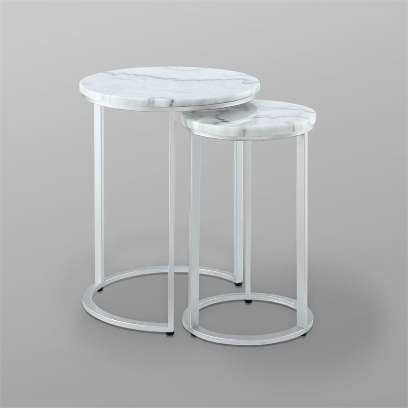 Posh Living Kero Round Marble Top Nesting End Table in Silver