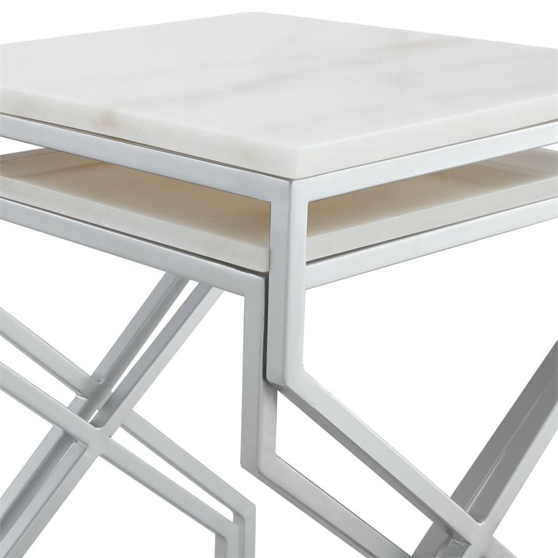 Posh Living Navarro Square Marble Top Nesting End Table in Silver