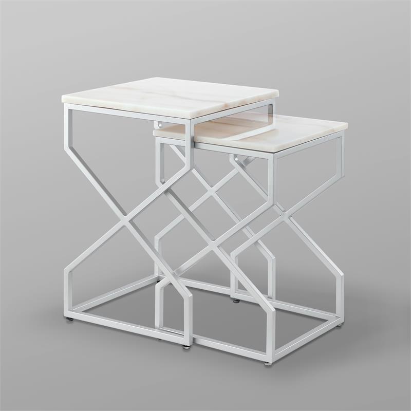 Posh Living Navarro Square Marble Top Nesting End Table in Silver