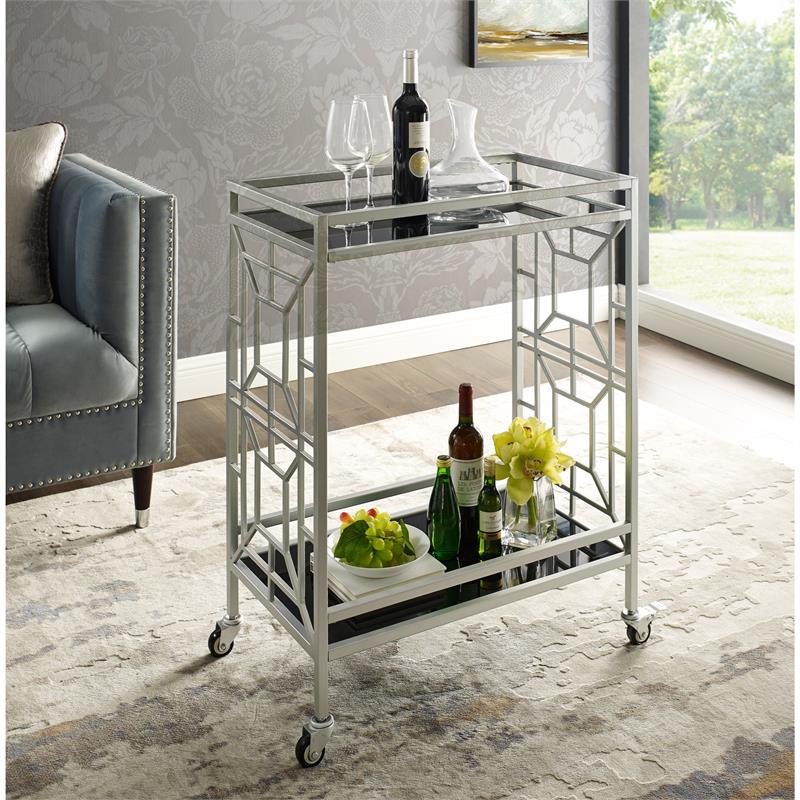 Posh Living Lynn Modern Glass and Metal Bar Cart in Silver/Black