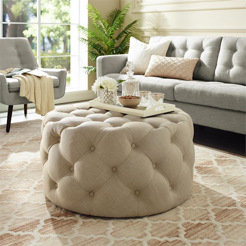 Posh Living Lilou Modern Linen Fabric Cocktail Ottoman in Beige